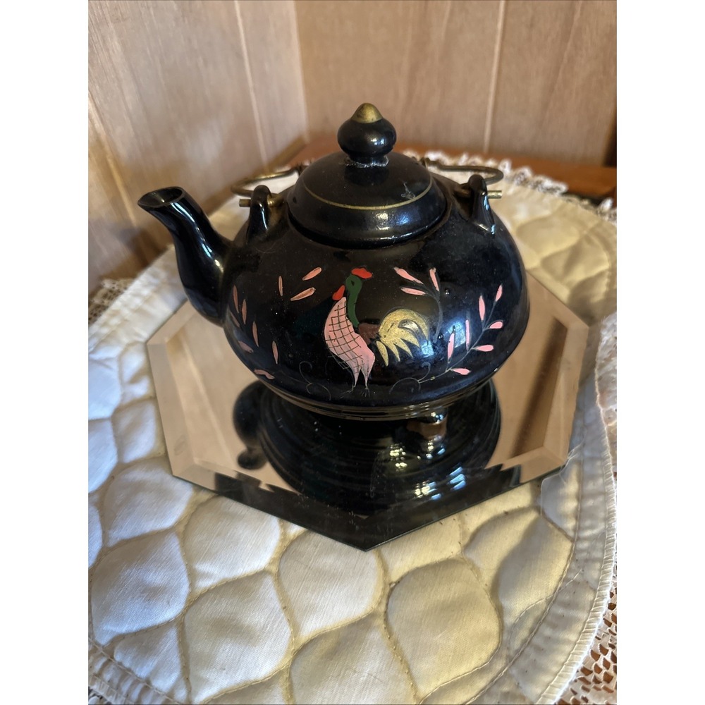 Vintage Japanese Black Glazed Red ware Pottery Teapot Hand-Painted Rooster